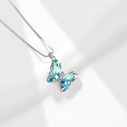 Aurora Tears Butterfly Necklace Earrings Ring Bracelet - Women 925 Sterling Silver Animal Butterflies Birthstone Pendant Crystal Wedding Birthday Jewelry - color: pendant-C.March-light blue
