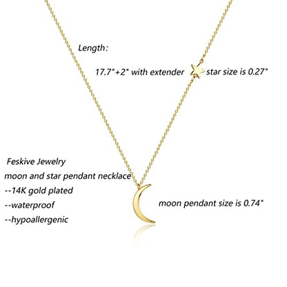 14k Gold/Silver Plated Crescent Moon Necklace Tiny Moon and Star NecklaceDainty Sun Leaf Necklace Gold Pendant Necklace for Women Delicate Minimalist Jewelry - color: Moon Star-Gold