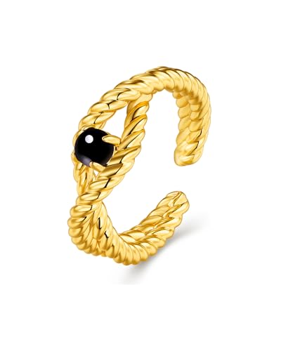 SNGIA 18K Gold Plated Adjustable Open Ring for Women Natural Stone CZ Statement Ring Tiger Eye Emerald Ruby Lapis Black Onyx Turquoise Evil Eye Boho Stackable Cocktail Ring Birthday Gift Jewelry - style: Onyx
