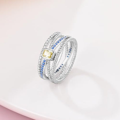 KUNSIR 925 Silver Cubic Zirconia Ring Size 7-9 Wedding Band Sterling Silver Eternity Ring Modern Style - style: Wide Band Yellow Diamond Ring