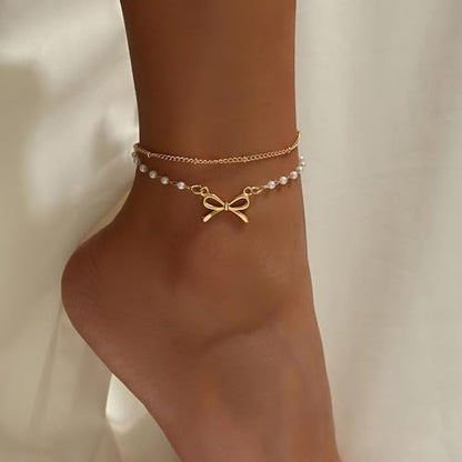 Nojess Gold Bow Anklet Bracelets for Women Layered Faux Pearl Bow Ankle Adjustable Summer Beach Foot Jewelry for Vacation Gift