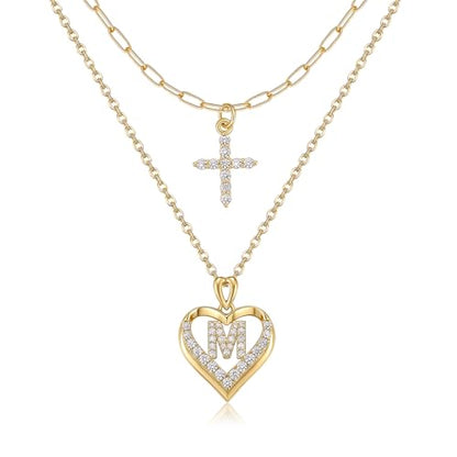 14K Gold Plated Layering Necklaces,Heart Initial Layered Necklace Cross Pendant Necklace Charm Personalized Stackable Jewelry Gift for Her - style: M