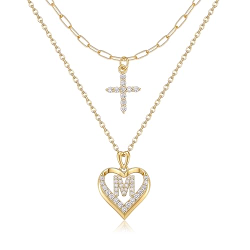 14K Gold Plated Layering Necklaces,Heart Initial Layered Necklace Cross Pendant Necklace Charm Personalized Stackable Jewelry Gift for Her - style: M