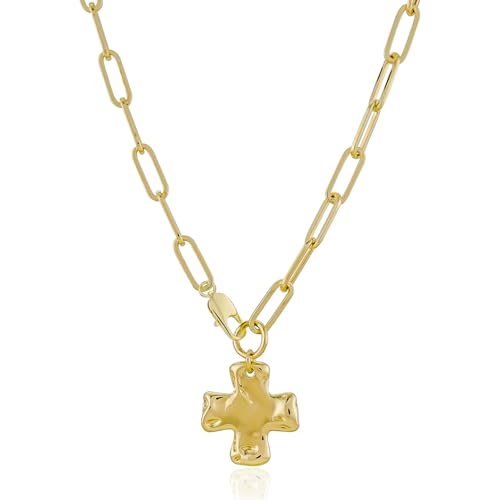 Chunky Cross Necklace for Women Trendy 14K Gold Silver Plated Statement Big Cross Pendant Paperclip Chain Charm Necklaces Religious Faith Easter Basket Stuffers Baptism Costume Jewelry Gift - color: Gold-Lobster Clasp-1 inch pendant