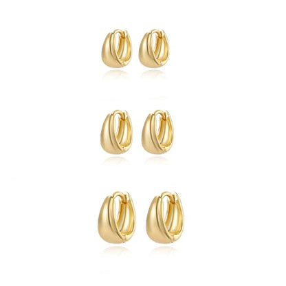 3 Pairs Huggie Hoop Earring Set 18K Gold Plated Cubic Zirconia Cartilage Earrings, Multi Piercings Ear Jacket Earring Climber Stud Earring for Women Everyday Earrings - color: 3 Glossy Gold