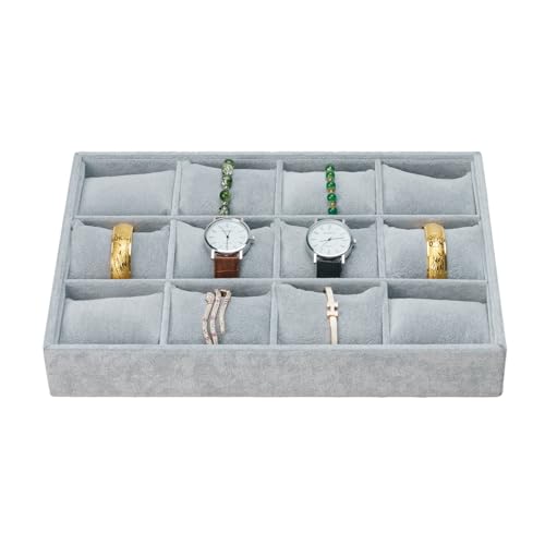 Jewelry Watch Tray, Grey Velvet Watch Jewelry Organizer 12 Grid, Stackable Watch Bracelet Bangle Display Holder, Adjustable Pillows, for Man Woman Show Birthday - color: Grey