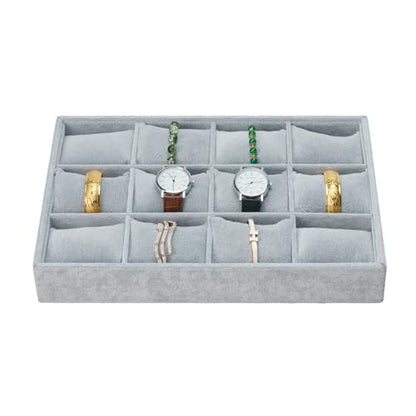Jewelry Watch Tray, Grey Velvet Watch Jewelry Organizer 12 Grid, Stackable Watch Bracelet Bangle Display Holder, Adjustable Pillows, for Man Woman Show Birthday - color: Grey
