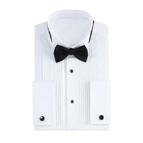 Gollnwe Tuxedo Shirts for Men Wing Collar French Cuff with Cufflinks and Bow Tie - color: White, size: 6X-Large