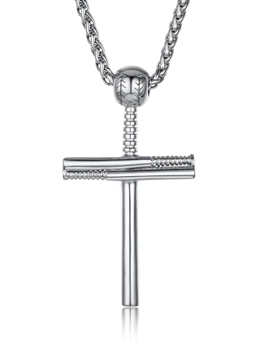 GOLDCHIC JEWELRY Sport Necklaces for Men Teen, Football Baseball Soccer Basketball Softball Necklaces with Stainless Steel Chain Athlete Jewelry Sports Fan Gift - color: Baseball Cross-Steel, style: NO Engraving