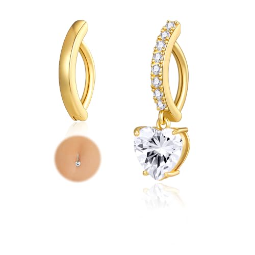 Apsvo 2Pcs Belly Button Ring for Women Surgical Steel CZ Clicker Belly Rings Hoop Teardrop Heart Dangle Belly Button Piercing Simple Reverse Navel Piercing Jewelry 14G - color: Gold-Heart