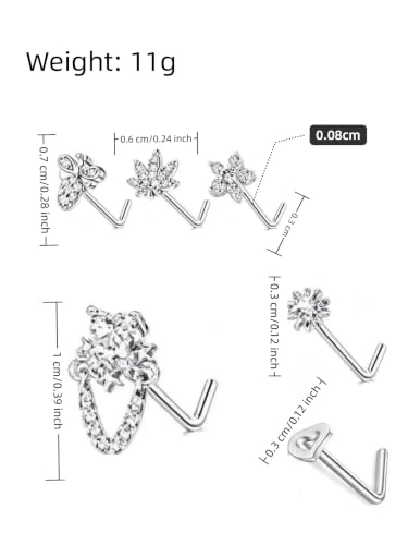 20Pcs L Shaped Nose Studs Set, Stainless Steel & Copper Zircon Inlaid Nose Piercing Jewelry Mixed Flower Moon Snake Heart Star Tiny Nose Pins Unisex for Nostril Piercings - color: Steel Silver