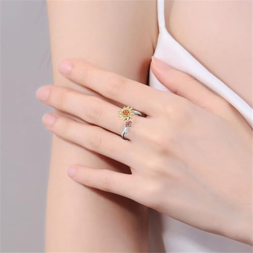 Hebelee Rotatable CZ Sunflower Spinner Ring for Women Fashion Crystal Rotating Flower Stackable Statement Open Wrap Finger Rings Comfort Fit Adjustable Fidget Anxiety Relieving Stress Jewelry - color: Red Flower