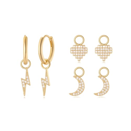 Gold Hoop Earrings and Charm Set for Women Huggie Dangle Drop Mix and Match Earring Pack with Charms 14K Small Simple Hypoallergenic Everyday Jewelry - style: 02. Heart/Lightning/Moon
