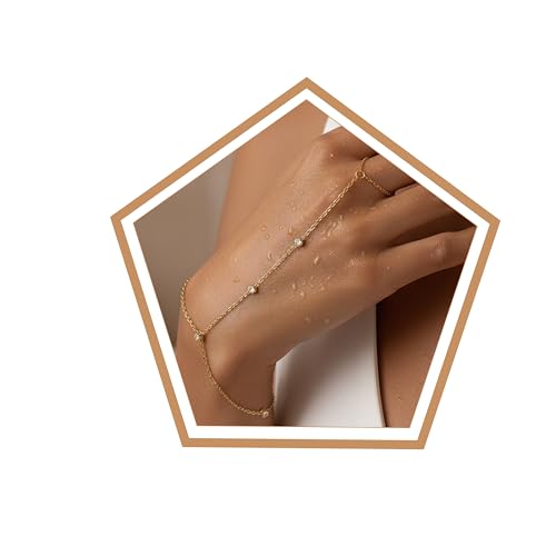 Hand Chain Bracelet Stainless Steel Gold Handchain Bracelets | Non Tarnish Handchain Bracelet for Women Summer Essentials Gold Link Bracelet Beach Waterproof Jewelry - color: Gold 5 Cubic Zirconia