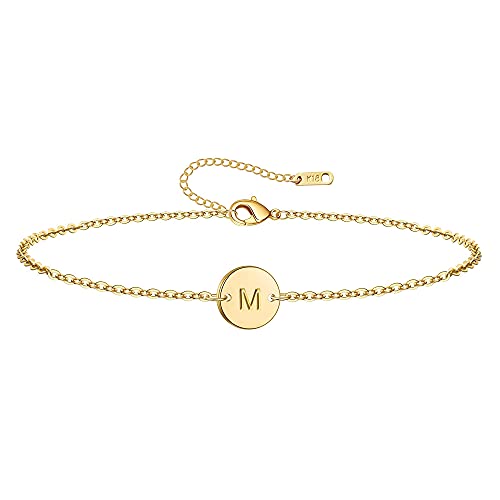 Ovian Initial Charm Bracelet for Women 18K Gold Plated stainless steel Coin Disc Engraved Letter Bracelet Personalized Monogram Name Bracelet - color: Gold M
