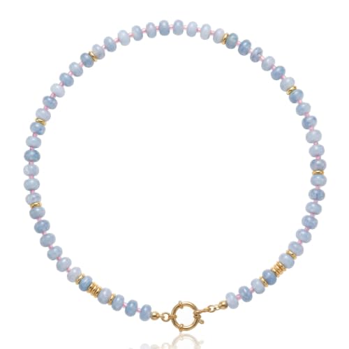 BELLA-Bee Natural Stone Beaded Choker, Multi Color Boho Jewelry Gift | Small bead natural stone choker with stainless steel ring clasp — multicolor stone, handmade healing jewelry for vacation - color: Blue