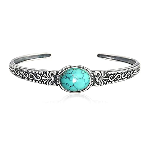 Bohemian Natural Stone Turquoise Engraved Cuff Bracelet Adjustable Wrap Bangle Western National Style for Women Gemstone Boho Jewelry - color: C