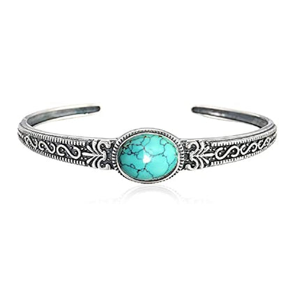 Bohemian Natural Stone Turquoise Engraved Cuff Bracelet Adjustable Wrap Bangle Western National Style for Women Gemstone Boho Jewelry - color: C