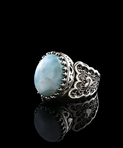 Filigranist 925 Sterling Silver Handcrafted Filigre Art Double Heart Detailed Women Cocktail Ring with Gemstones - color: Larimar