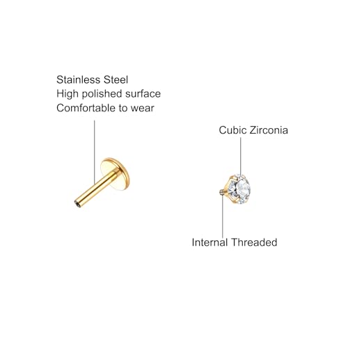 Xpircn Flat Back Stud Earrings 14K Gold Plated Internally Threaded CZ Stud Piercing Jewelry for Tragus Helix Cartilage Conch Nose Hypoallergenic Lip Labret Medusa Piercing 16G 18G - color: 18 Gauge, Gold, size: 6mm Bar