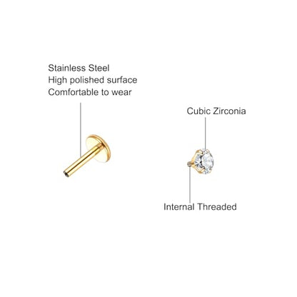 Xpircn Flat Back Stud Earrings 14K Gold Plated Internally Threaded CZ Stud Piercing Jewelry for Tragus Helix Cartilage Conch Nose Hypoallergenic Lip Labret Medusa Piercing 16G 18G - color: 18 Gauge, Gold, size: 6mm Bar