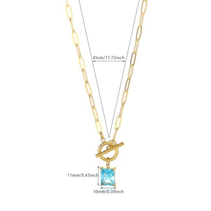 Diamond Necklaces for Women Natural Stone Paperclip Toggle Necklace 14K Gold Plated Emerald Birthstone Necklace for Women Paper Clip Chain Blue Green Cubic Zirconia Pendant Birthday Gifts for Women Mother Jewelry - color: 02. February(Amethyst)