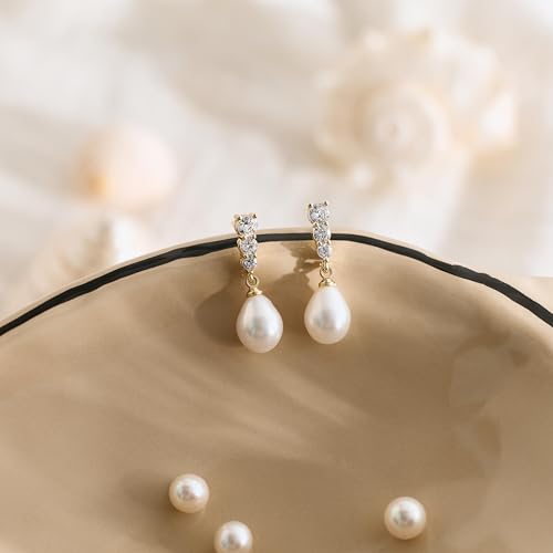 Pearl Earrings for Women, 14k Gold Plated Trendy Diamond Pearl Drop Earrings Hypoallergenic Dainty Bridal Gifts Wedding jewelry for Women - color: Silver-Pearl Style D