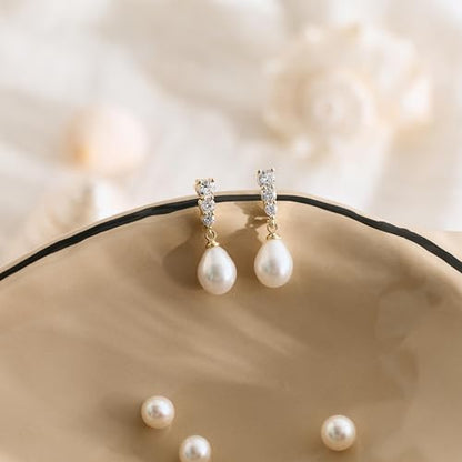 Pearl Earrings for Women, 14k Gold Plated Trendy Diamond Pearl Drop Earrings Hypoallergenic Dainty Bridal Gifts Wedding jewelry for Women - color: Silver-Pearl Style E