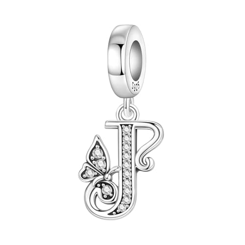 2 Pack 925 Sterling Silver Butterfly Letter Charms for Bracelets and Necklace Alphabet Initial Dangle Pendants Round Spacer Beads Pave Cubic Zirconia Jewelry Gift for Women - color: J Set