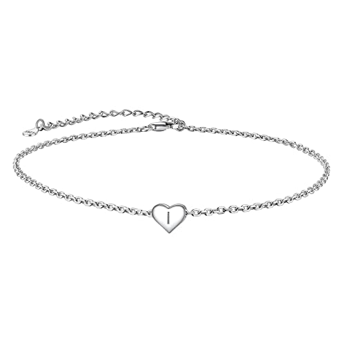 Suplight 925 Sterling Silver Initial Heart Anklets for Women Dainty Ankle Bracelets Letter Anklet Adjustable Plus Size Foot Chain Summer Beach Boho Jewelry - color: I