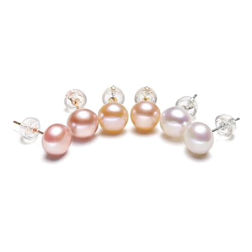 Pearl Earrings Studs for Women 3 Pairs AAAAA+ Freshwater Hypoallergenic Earring stud (18k Gold Plating 925 Sterling Silver) For Wedding Anniversary Birthday Christmas