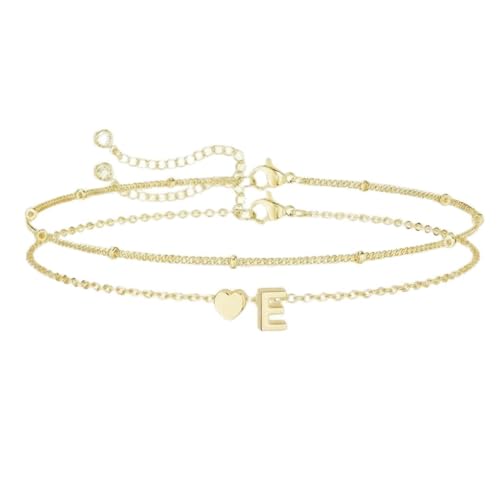 Gold Initial Bracelets for Women Trendy, Dainty Layered 14K Gold Plated Heart Letter Charm Bracelets, letter beads for name bracelets Jewelry Gifts - color: Gold-E