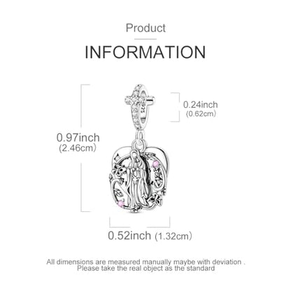 Hapour 925 Sterling Silver Charms for Bracelet Necklace Dangle Pendant Bead | Bear Charm, Elephant Zebra Cat Dream catcher Family Birthday European Jewelry Charm, For Women Mom - color: Virgin Mary Heart