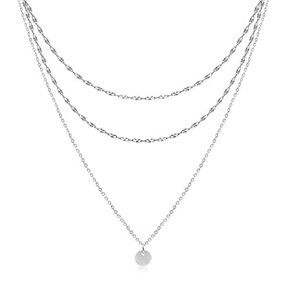 Aisansty Dainty Layered Choker Necklaces Handmade Coin Tube Star Pearl Pendant Multilayer Adjustable Layering Chain Gold Plated Necklaces Set for Women - color: Silver, style: Silver Bar Chain&Coin