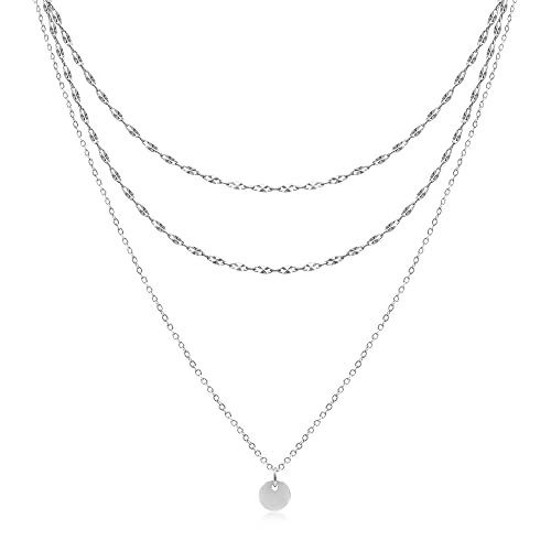 Aisansty Dainty Layered Choker Necklaces Handmade Coin Tube Star Pearl Pendant Multilayer Adjustable Layering Chain Gold Plated Necklaces Set for Women - color: Silver, style: Silver Bar Chain&Coin