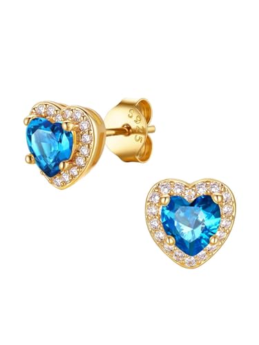 FindChic Birthstone Earrings for Women, Round/Heart/Square/Teardrop Earrings with 925 Sterling Silver Posts & Push Backs, Hypoallergenic Studs with Cubic Zirconia, 12 Months Jewelry with Gift Box - style: 12. December-Blue Topaz (Heart-Gold)
