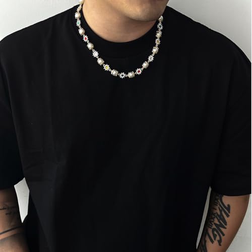 Gold/Silver Pearl Necklace for Men Faux Pearl Choker Necklace Beaded Adjustable Chain Gothic Chunky Beaded Statement Hip Hop Rock Party Festival Collar para Hombre Fashion Jewelry Gift for Men - style: Style-B-SV