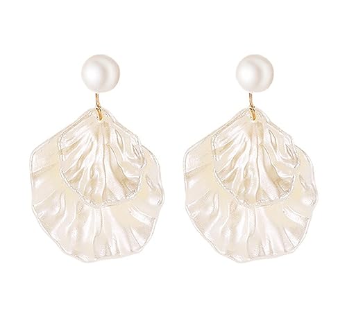 Seashell Pearl Stud Earrings for Women Ocean Sea Theme Sweet Double Layer Acrylic Shell Lightweight Dangle Drop Earrings for Summer Beach Holiday Halloween Party Jewelry Accessories - color: Shell white