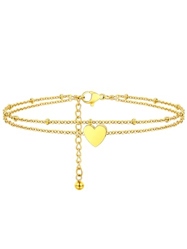 FaithHeart Waterproof Ankle Bracelets for Women, 1/2/3Pcs Non Tarnish Stainless Steel Layered Anklet Set Paperclip Figaro Cuban Link Chain Dainty Summer Beach Jewelry Gift Adjustable Size - style: b.Heart - Gold