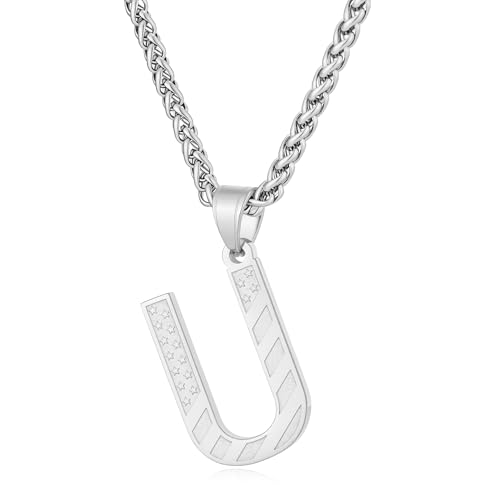 Initial Necklace for Men Stainless Steel Pendent Chain Personalized A-Z Letter Necklaces Black/Gold/Silver Christmas Jewelry Gifts - color: Silver, style: Initial-U