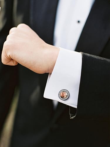 FindChic Stainless Steel Round Cufflinks with Custom Text/Picture/Monogram Letters 18K Gold Plated/Black Color for Men Groom Suits Shirts, with Gift Box - style: 02. CZ custom photo-round (black)