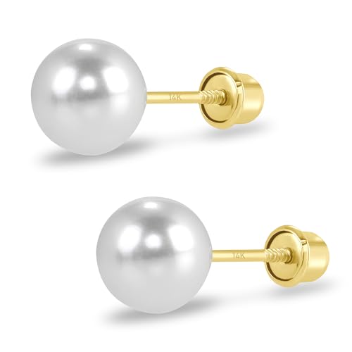 EVAYA Real 14k Gold Freshwater Pearl Stud Earrings for Women (3mm-6mm) | Real solid 14k gold with genuine freshwater pearl; 3-6mm diameter; secure screw back; hypoallergenic, classic everyday - size: 6mm