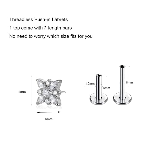1pcs 16G 18G G23 Titanium Threadless Labret Studs Push-in Labret Lip Cluster Tragus Helix Conch Lobe Rook Cartilage Push Back Piercing Jewelry Earring - style: Flower CZ