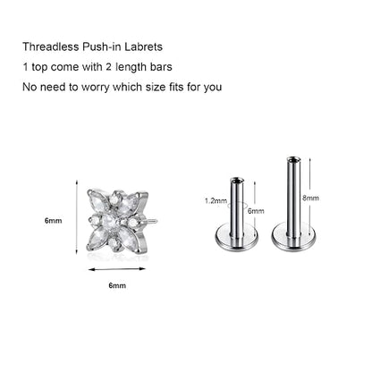 1pcs 16G 18G G23 Titanium Threadless Labret Studs Push-in Labret Lip Cluster Tragus Helix Conch Lobe Rook Cartilage Push Back Piercing Jewelry Earring - style: Flower CZ