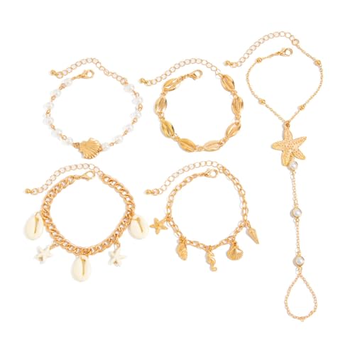 Beach Starfish Shell Pendant Hand Chain Layered Bracelet with Finger Ring for Women Gold-Plated Stackable Faux Pearls Beaded Chain Bracelets 5PCS Set Summer Trendy Jewelry Adjustable Vacation Gifts