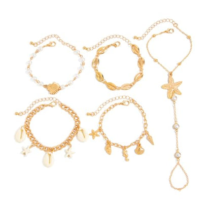 Beach Starfish Shell Pendant Hand Chain Layered Bracelet with Finger Ring for Women Gold-Plated Stackable Faux Pearls Beaded Chain Bracelets 5PCS Set Summer Trendy Jewelry Adjustable Vacation Gifts