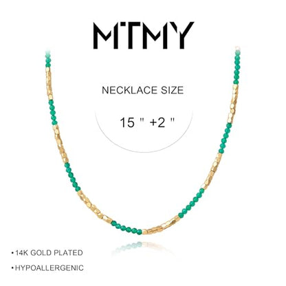 MTMY Beaded Gemstone Choker Necklace for Women | 14K Gold Plated, Colorful Natural Stone, Bead Chain, Boho Summer Beach, Handmade Jewelry - color: Green Agate