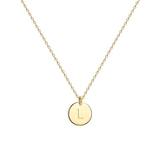 Valloey Rover Initial Necklaces for Women 14K Gold Plated Dainty Letter Necklce Round Coin Disc Pendant Double Side Engraved A-Z Necklace Personalized Jewelry Gift for Women - color: L