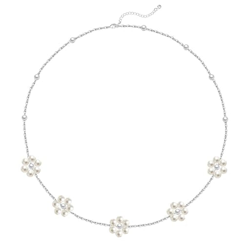 OGD Gold Pearl Necklace Set for Women 14K Plated Layered Daisy Choker Gift - color: Daisy Pearl-Silver