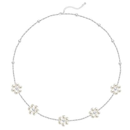 OGD Gold Pearl Necklace Set for Women 14K Plated Layered Daisy Choker Gift - color: Daisy Pearl-Silver